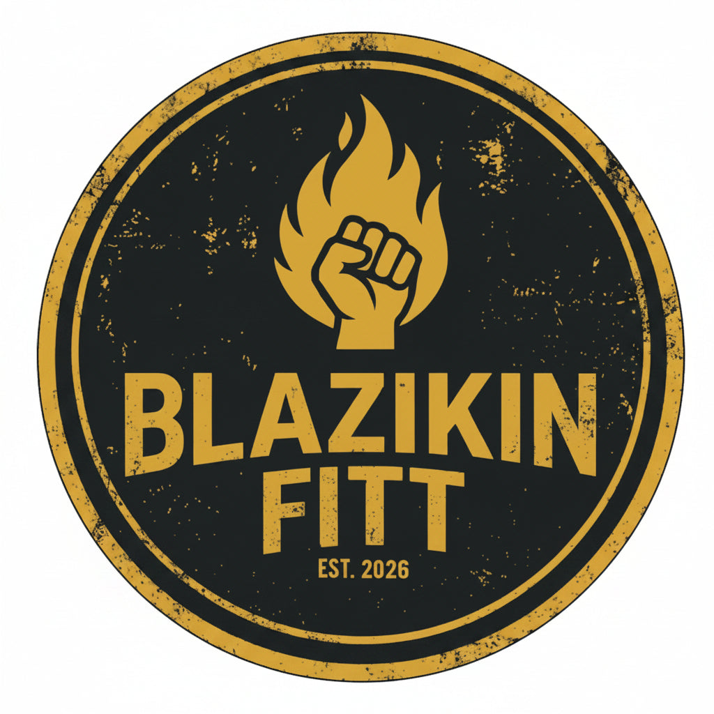 Gold logo with a fist and flame on a black background, featuring the text 'Blazikin Fitt'.