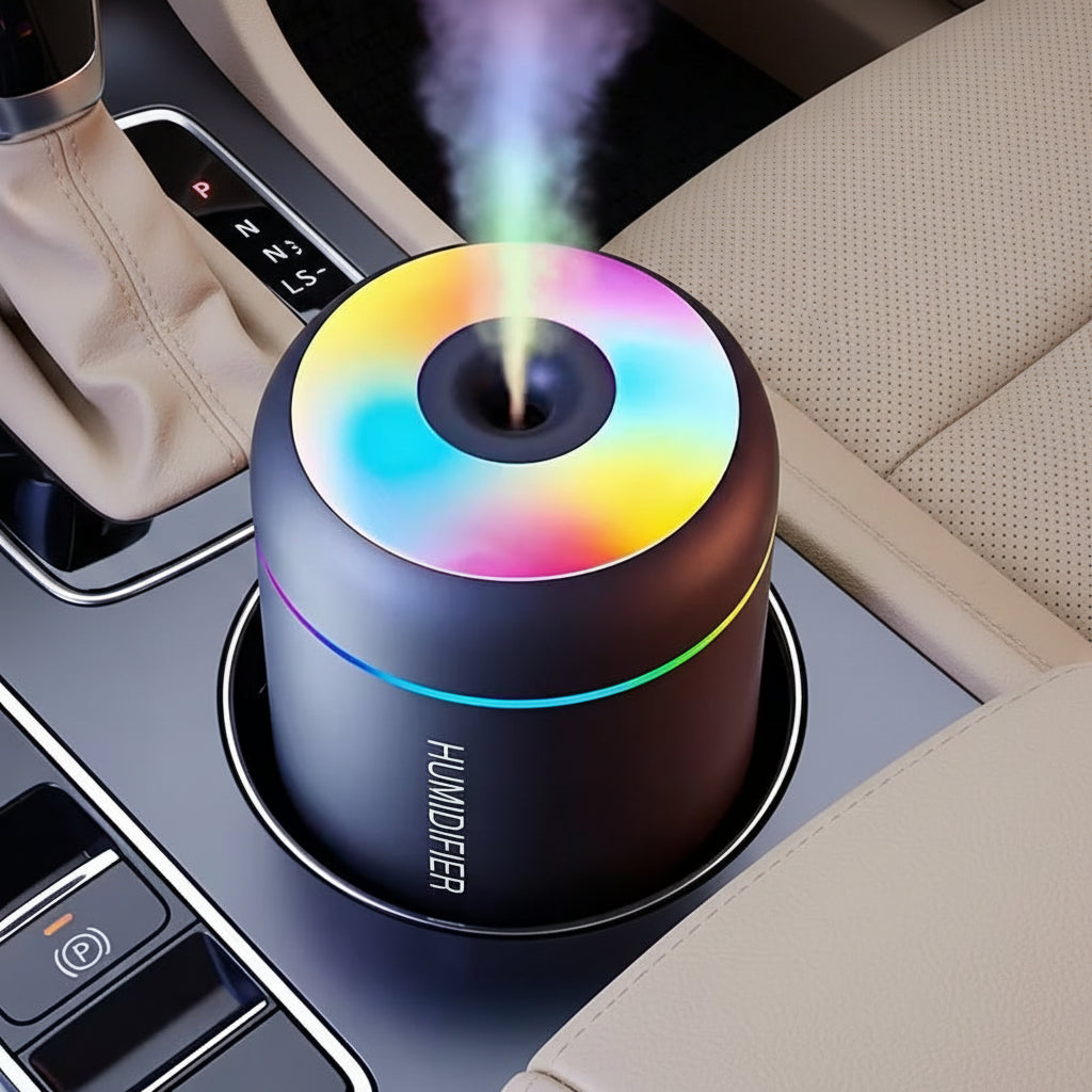 Car humidifier with colorful light effects on a car dashboard